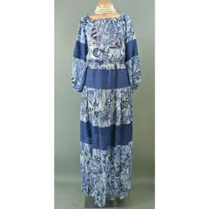 BCBG Boho Silk Maxi Dress XXS Blue Paisley Crochet Summer NWT 228 casual light